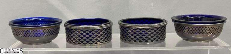 Cobalt Blue Glass Salt Cellars In Sterling Holder and Spoons image