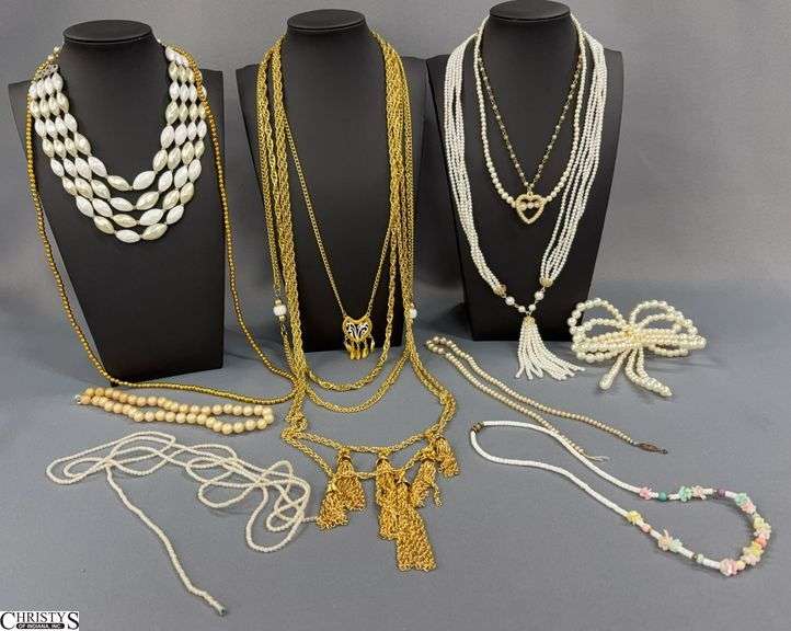 Ladies Costume Pearl Style and Gold Tone Necklaces, Hair Clip - 40" of longest image
