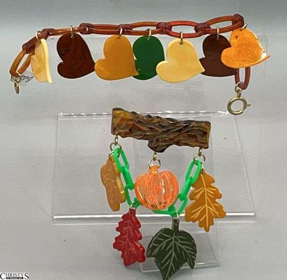 Jim Foltz Autumn and Leaf Brooch and Hearts Charm Bracelet Multi Colors image