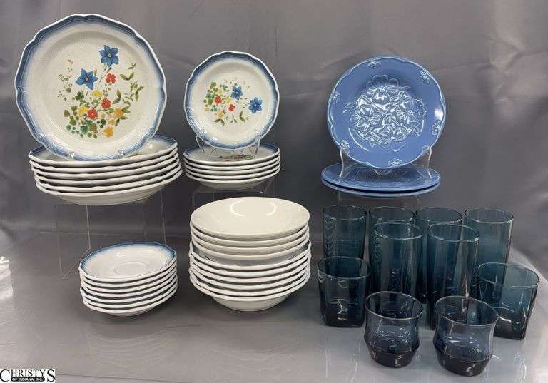Mikasa, Pfaltzgraff, and Signature Stoneware Dishes and Blue Tone Glasses - 11" of largest plate - approx 40pcs image