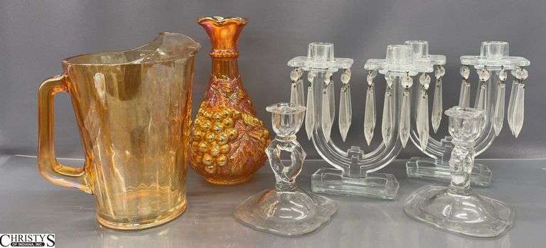 Carnival Marigold Glass Decanter Base, Pitcher, and 2 Pair Clear Glass Candlesticks - 10" of tallest image