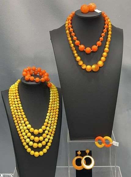 Costume Orange and Golden Rod Color Block and Beaded Sets, Marked Bakelite Dangle Clip On Earrings image