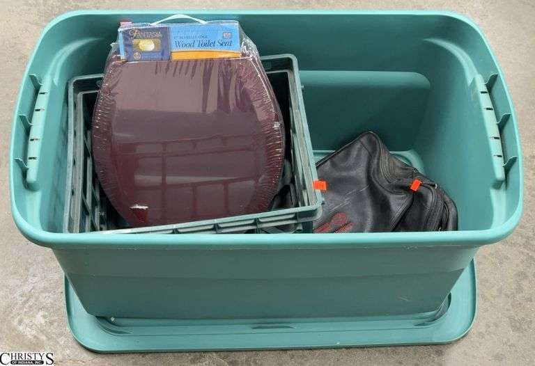 Wood Toilet Seat, Large Storage Tote, Work Bag, Plastic Crate - 17" of toilet seat image