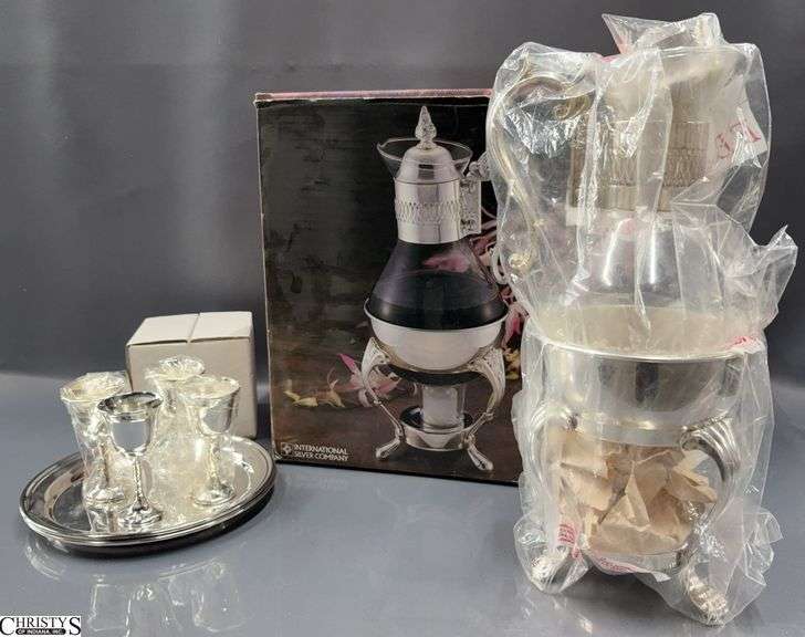 Silverplate & Glass Coffee Pots, Cordial Stems, Small Tray - 14" of tallest image