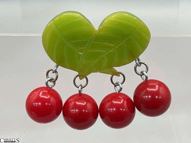 Vintage Bakelite Cherries Brooch 2.5" image