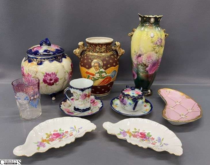 Satsuma Vase, RS Prussia Vase (chipped), Nippon Floral Biscuit Jar, Sugar Bowl,  and Teacup, 2 Hand Painted Glasses, Bone Dishes - 7" of tallest image