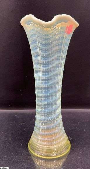 UV Reactive Victorian Era Opalescent Vaseline Glass Trumpet Vase, 10" image