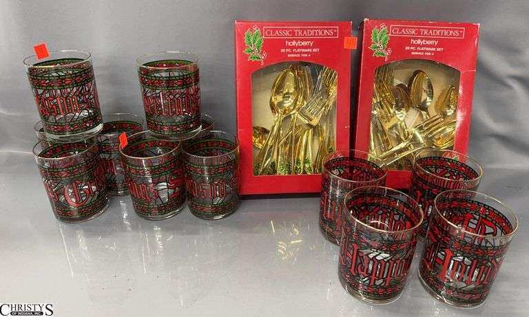 Houze Art Christmas Seasons Greetings Cocktail Glasses, Hollyberry Gold Tone Stainless Flatware Sets - 4" of glass image