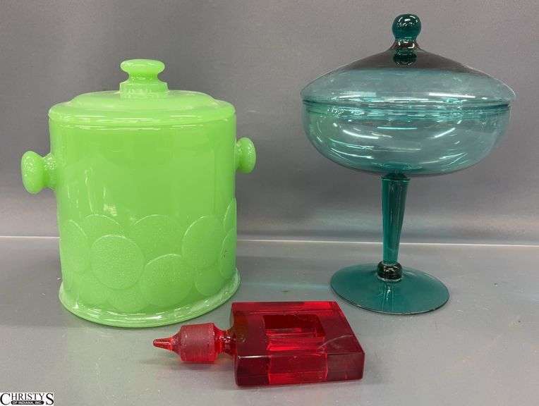 Red Art Glass Stopper, Thin Blue Glass Lidded Compote, Green Glass Ice Bucket - 8.5" of tallest - stopper has repaired damage image