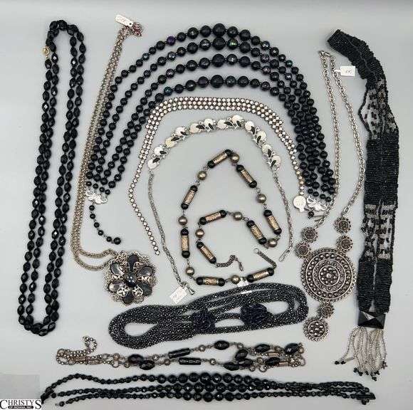 Costume Necklaces, Black Stones, Gems, Silver Colors image