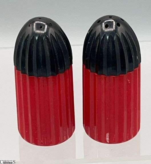 Bakelite Red and Black Salt and Pepper Shakers 2.25" Tall image