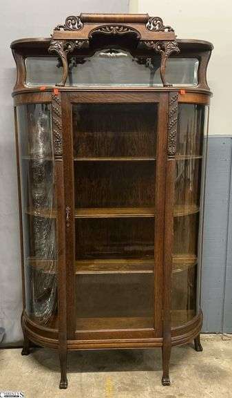 Antique Carved Wood Bow Front Curio Cabinet, Has Key Does Lock - 41" x 12" x 70"  - 3 Interior Wood Shelves image