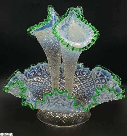 Fenton Glass Diamond Lace Opalescent Green Ruffled Edge Trim Epergne - 12" x 11" - has repaired damage, see photos image