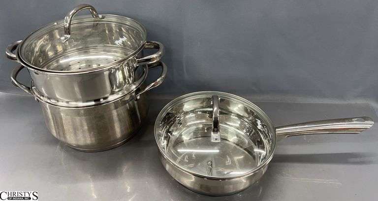 Parini Stainless Skillet and Double Steamer Pot - 12" of tallest image
