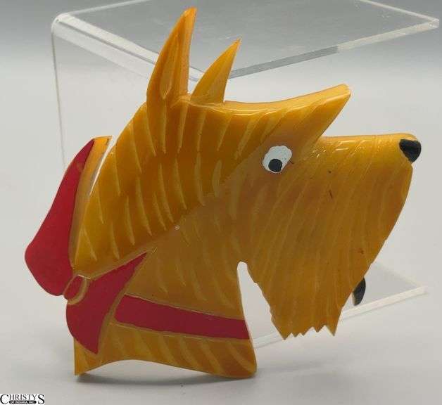 Signed Jim Foltz Oversized Butterscotch Scottie Dog Head Brooch 5x5" image