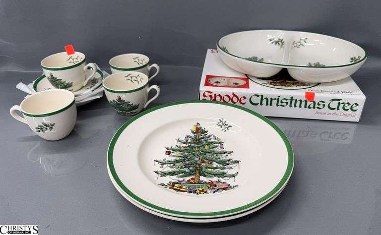 Spode Christmas Tree Cups and Saucers, Plates, Divided Dish - 11pcs - 10" of largest plate image