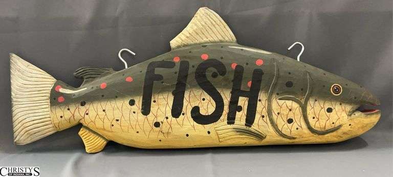 36" Carved "FISH BAIT" Folk Style Wooden Trout Sign - 13" T image