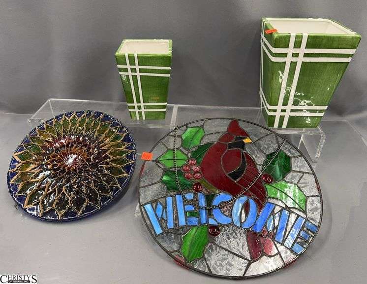 13" Cardinal Welcome Stained Glass Suncatcher, 2 Ceramic Vases, Homemade Suncatcher image