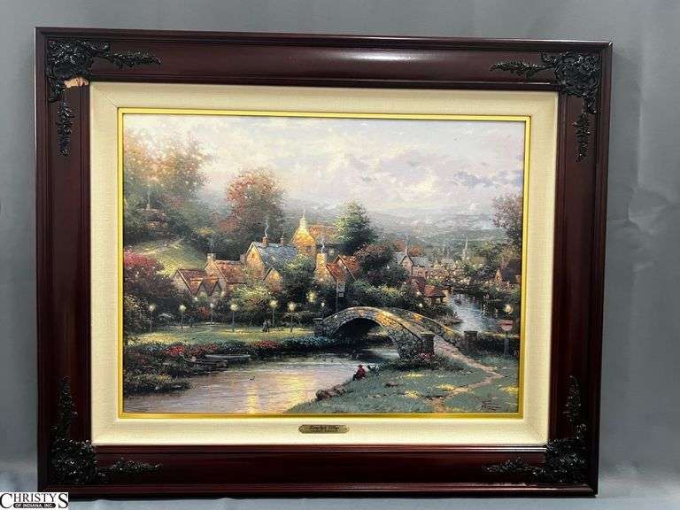 "Lamplight Village" Thomas Kinkade Giclee on Canvas - 32" x 26" of frame, upper left corner is chipped image
