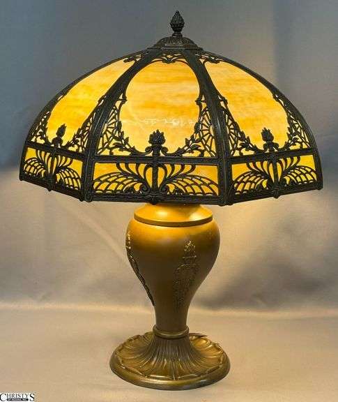Art Nouveau Bronzed Tone Torch Motif Table Lamp w/ Slag Glass Pierced Metal Shade -24" T -  20" x 10" of shade image