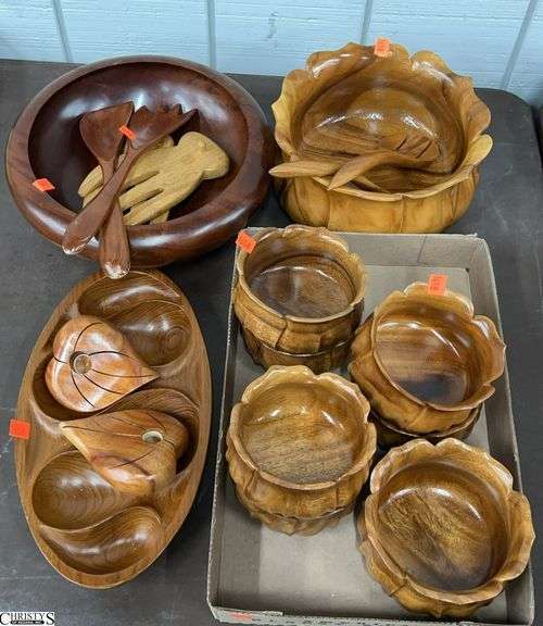 Hawaiian Hardwoods Lotus Style Salad Bowl and Serving Bowls, Assorted Wood Service Pieces - 12" D of largest piece image