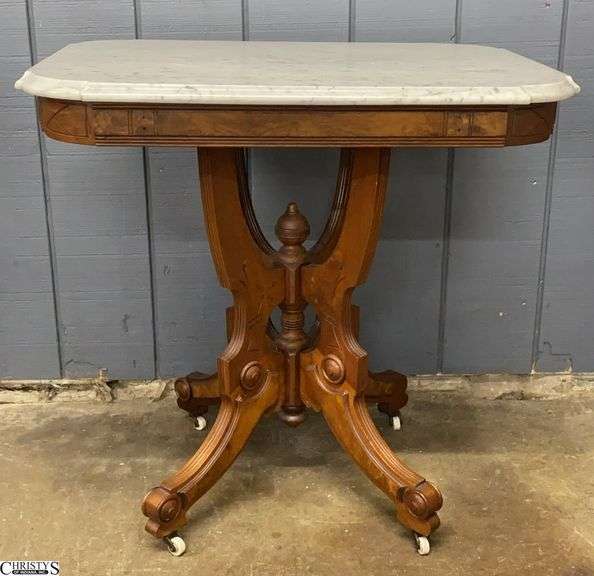 Victorian Eastlake Marble Top Parlor Table - 30" x 22" x 30" - some minor scuffing to marble image