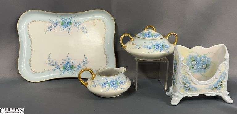 Hand Painted Porcelain Floral Vanity Tray, Envelope Holder, Cream and Sugar - 4pcs - 11" of tray image
