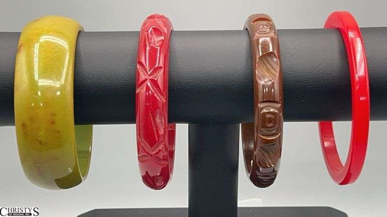 4 Bakelite Style Bangles Browns, Tomato Red, Green Swirls image