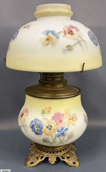 Antique Pansy Motif Hand Painted Oil Parlor Lamp - 16" T image