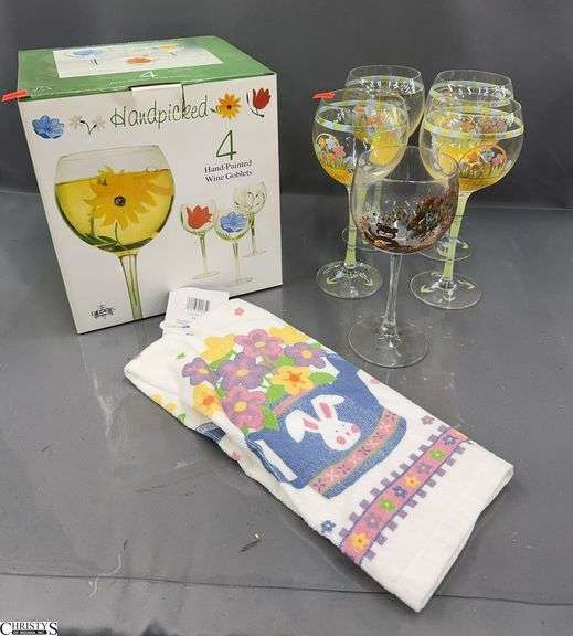 9 Handpainted Wine Stems and Easter Towel - 9" of tallest image