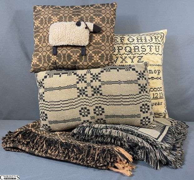 Primitive Coverlet Style Throws and Pillows - 5pcs - 54" x 46" of largest image