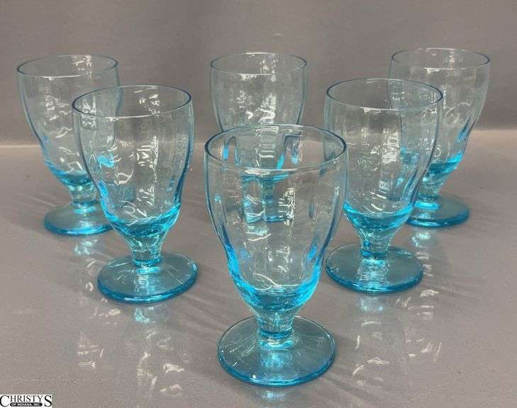 6 Aquamarine Glass Goblets 5.5" image