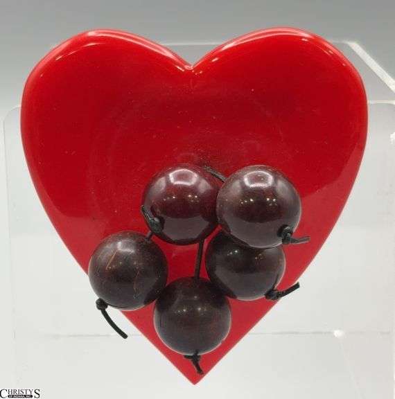 Signed Jim Foltz Red Bakelite Heart With Berries Pin, 3.25x3.75" image