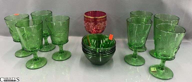 Fruit Motif Green Pressed Glass Stemware, Green Glass Bowls, Cranberry Stem - 6.5" of tallest image