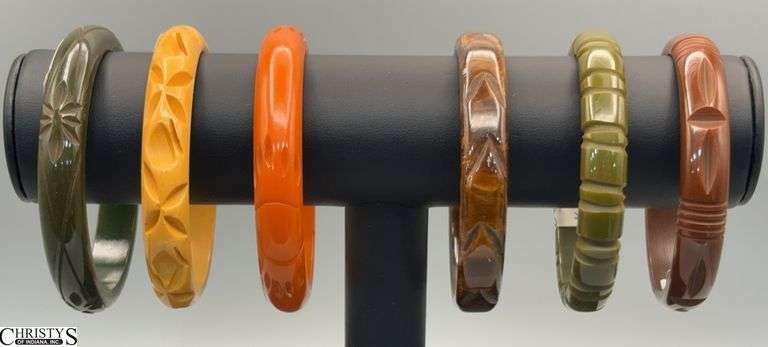 6 Bakelite Carved Bangle Bracelets 3" image