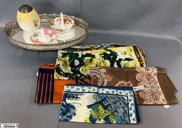 Filigree Metal Edge Oval Vanity Mirror, Porcelain Ring Holders, Hand Painted Powder Jar, 4 Ladies Scarves - 13" of mirror image