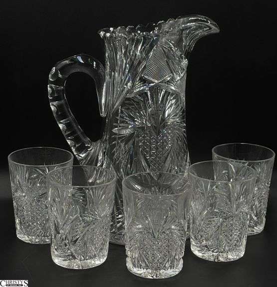 Fry American Brilliant Period Heart Pattern Cut Glass Pitcher and 5 Tumblers - 10" of pitcher image
