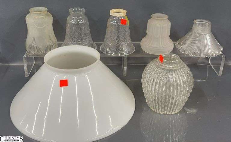 Large Milk Glass Shade and Small Bell Shape Globes, Some Chipping, Largest 14x6" Tall image