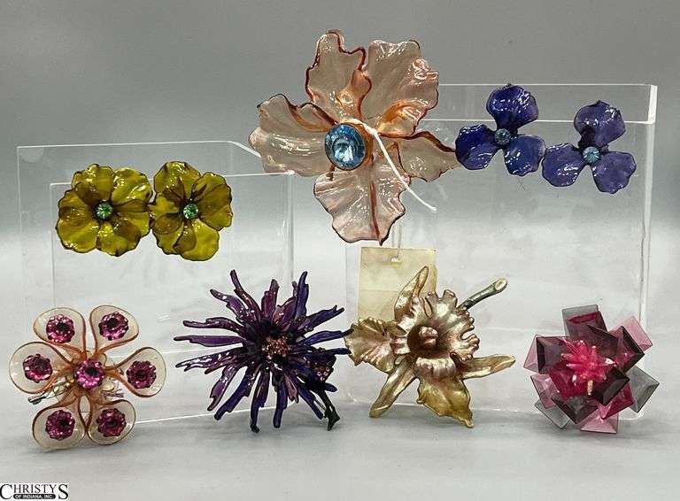 Lucite Florals, 2 Pair of Clip Earrings, 5 Pins, Largest 3.5" image