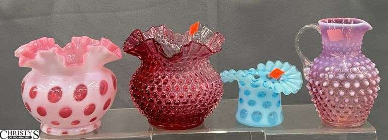 Cranberry Opalescent Coin Dot, Aqua Coin Dot and Other Hobnail, Tallest Ruffle Edge Vase 6x5.5" image