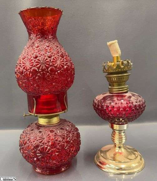 Red Daisy and Button and Hobnail Oil Lamps, One Missing Parts, Tallest 12" image