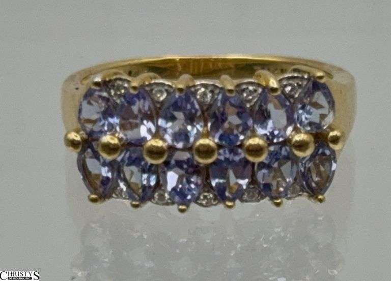 14K Marked Double Tanzanite and Diamond Band Size 8 Ring image