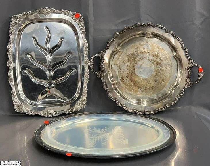 3 Silverplate Serving and Meat Tray w/ silverplate storage bags - Wallace, Rogers, and Other - 15.5" x 21" of largest image