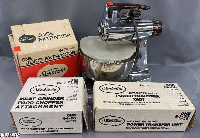 Sunbeam Stand Mixer and Attachments - Juice Extractor, Meat Chopper, Power Transfer Unit - 13" x 13" of mixer image