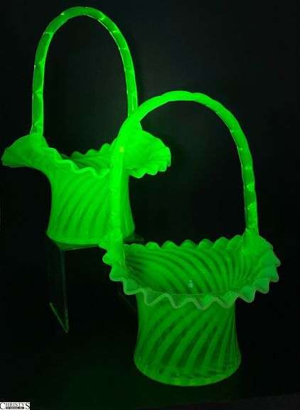 Pair Fenton Glass UV Reactive Topaz Ruffled Edge Swirl Optic Baskets - 7" x 9" of each image