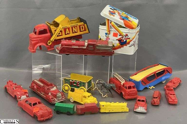 Wyandotte, Arcor, Tootsie and Other Brand Autos, Trains, and Construction, Fire Engines, Most Have Wear, Some Missing Wheels, Mickey Mouse Skating Party Box image