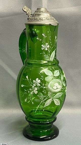 Mary Gregory Style Hand Painted Green Hand Blown Glass Tankard - 13" T image