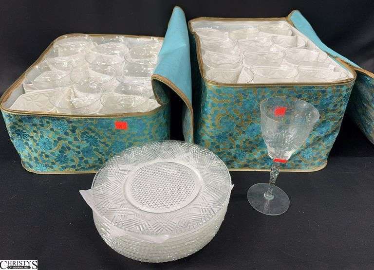 Vintage Etched Stems Basket Weave and Floral Pattern, Some Slight Chips on Bases, Matching Champagnes, Clear Snack Plates, Largest 8.5", Tallest Stem 7.5" In Zippered Cases image
