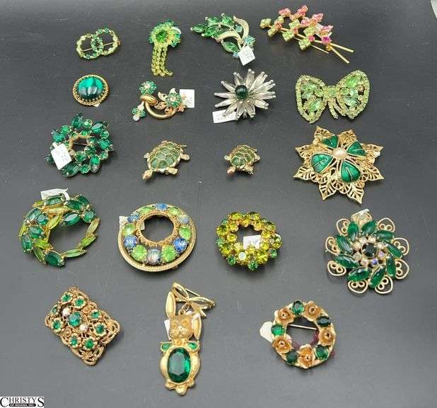 Emerald and Green Stones Costume Brooches, West Germany and Monet  Marked image