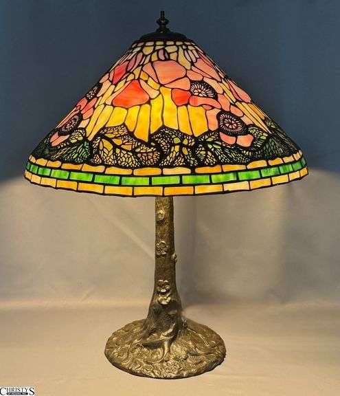Art Nouveau Bronze Faux Bois Table Lamp w/ Poppy Motif Stained Glass Shade - 26" T of lamp - 9.5" x 21" of shade - appears 2 sockets need repair image
